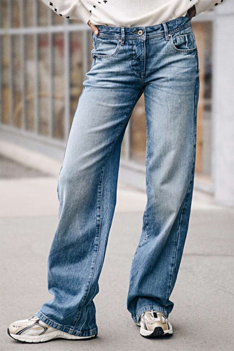 Wash Stretchy Mid Waist Straight Leg Jeans