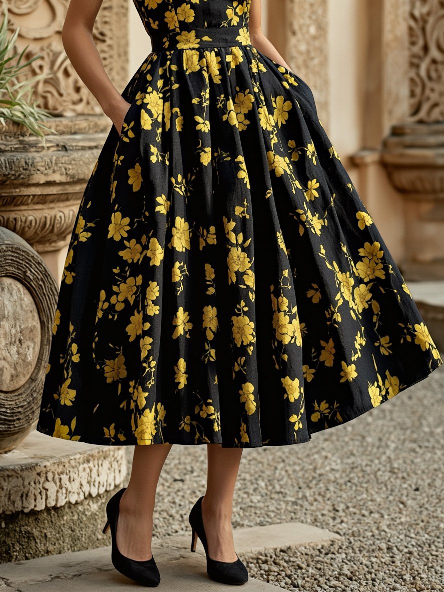 Robe mi-longue en lin, sans manches, col rond, motifs floraux, poches, style vintage, noire