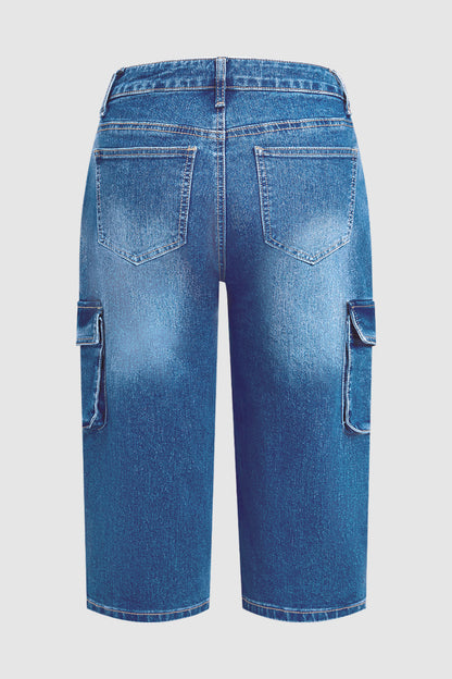 Wash Flap Pocket Drawstring Mid Rise Straight Leg Capri Jeans