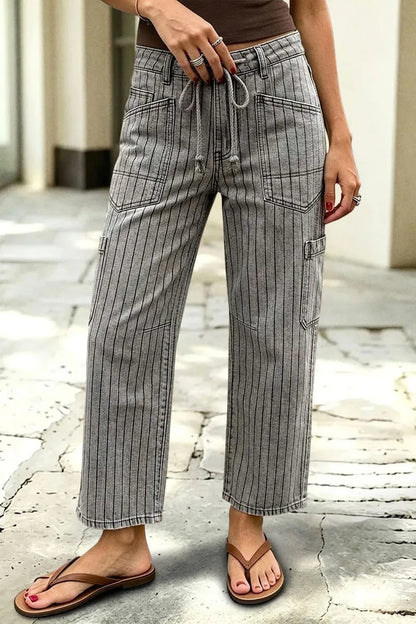 Pinstriped Drawstring Side Pocket High Waist Straight Leg Cropped Pants
