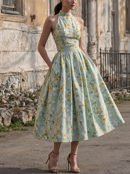 Robe midi en lin, sans manches, col licou, motifs floraux, poches, vacances, vintage, couleur aqua