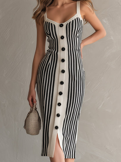 Chic Elegant Cream White-Black Stripes Square Neck Sleeveless Button-Front Slim-Fit Knit Midi Dress