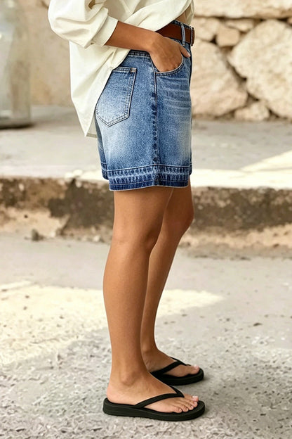 Wash Mid Rise Mid Thigh Denim Shorts Without Belt