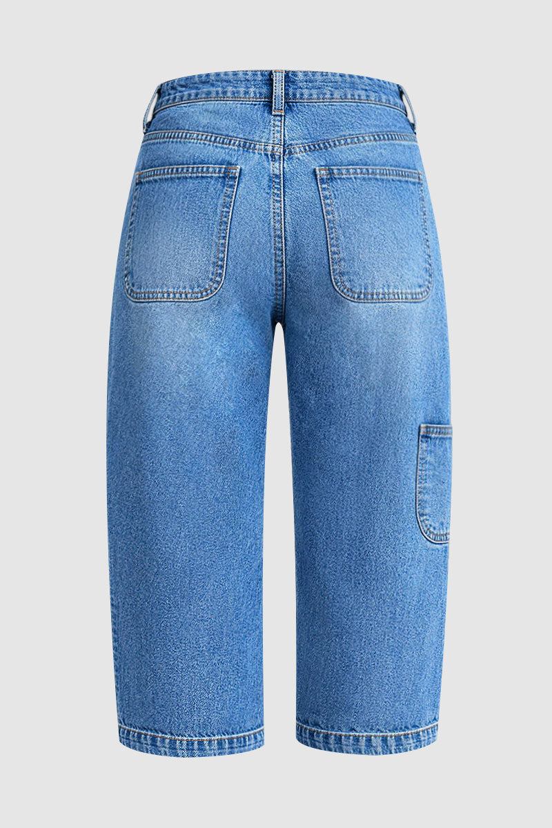 Patch Pocket Seam Detail Mid Rise Barrel Leg Capri Jeans Without Belt
