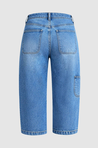 Patch Pocket Seam Detail Mid Rise Barrel Leg Capri Jeans Without Belt