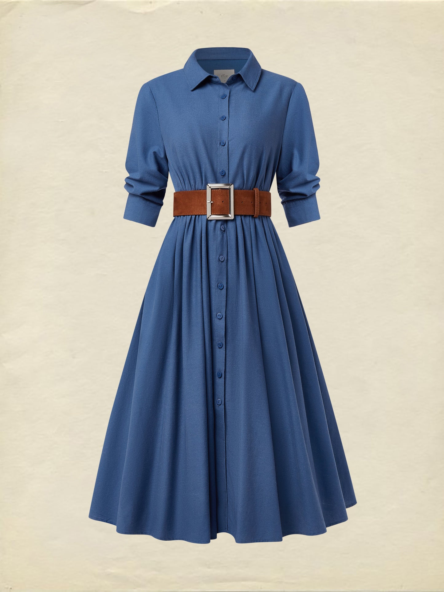 Robe midi en lin, manches courtes, col châle, unie, boutonnée, vintage, bleu marine