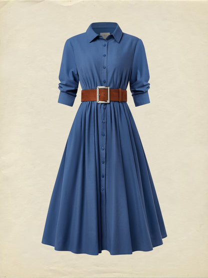 Robe midi en lin, manches courtes, col châle, unie, boutonnée, vintage, bleu marine