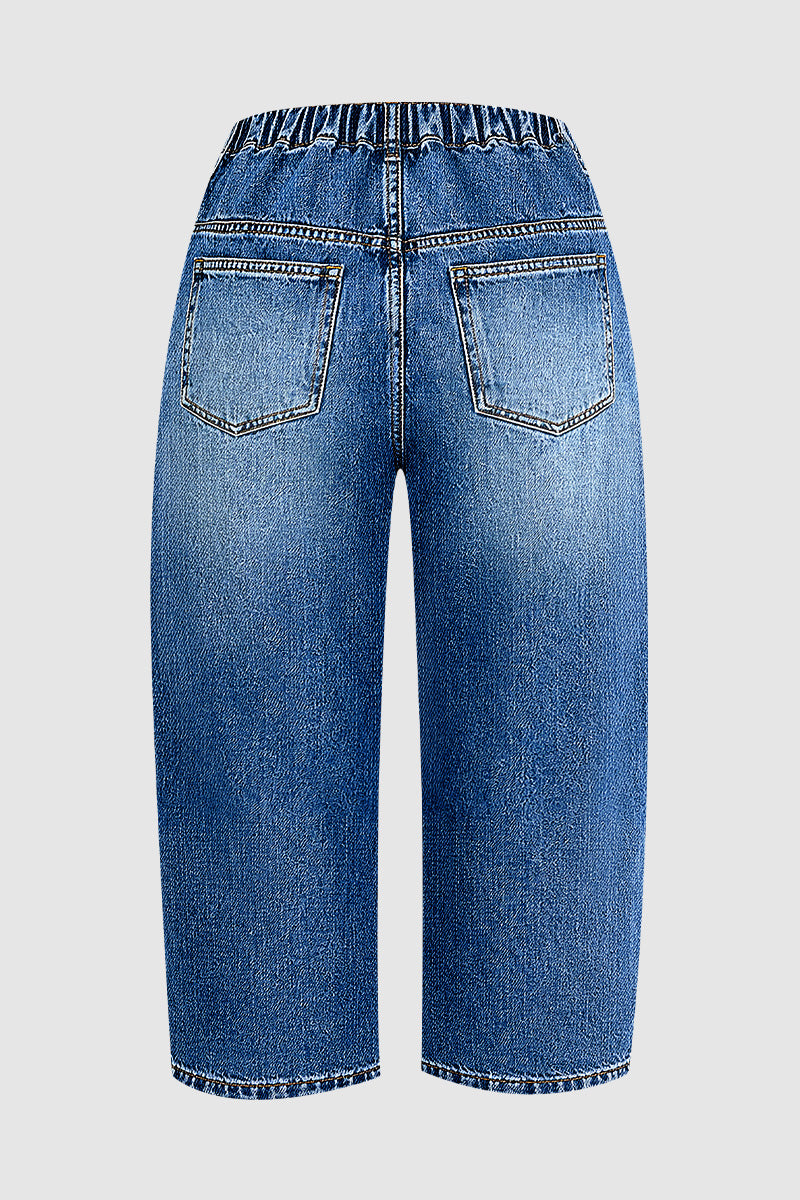 Pleated Drawstring High Waist Barrel Leg Capri Jeans