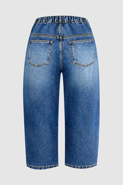 Pleated Drawstring High Waist Barrel Leg Capri Jeans