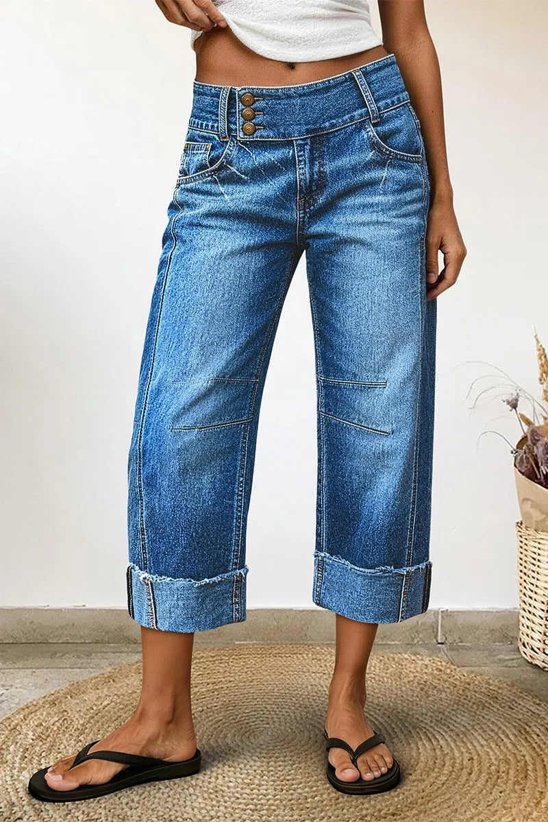 Wash Roll Hem Button Up Mid Rise Barrel Leg Crop Jeans
