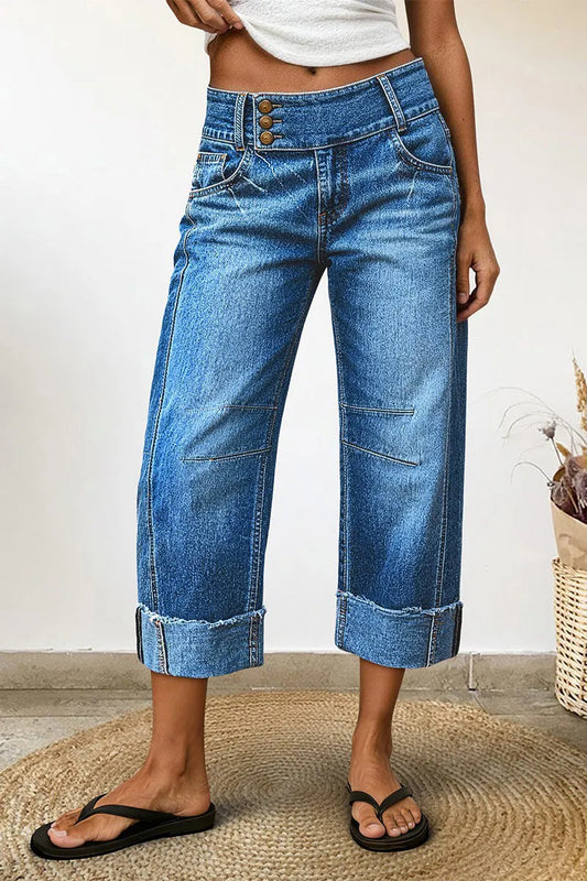 Wash Roll Hem Button Up Mid Rise Barrel Leg Crop Jeans
