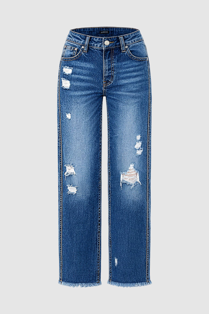 Wash Raw Hem Ripped Mid Waist Straight Leg Jeans