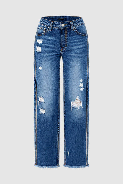 Wash Raw Hem Ripped Mid Waist Straight Leg Jeans
