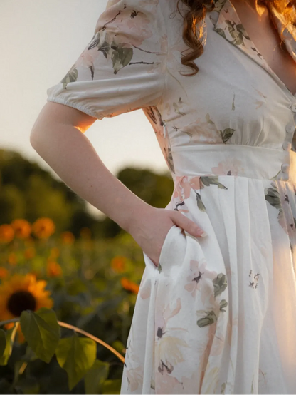 Robe longue en lin, manches ballon, col châle, fleurie, vintage, blanche