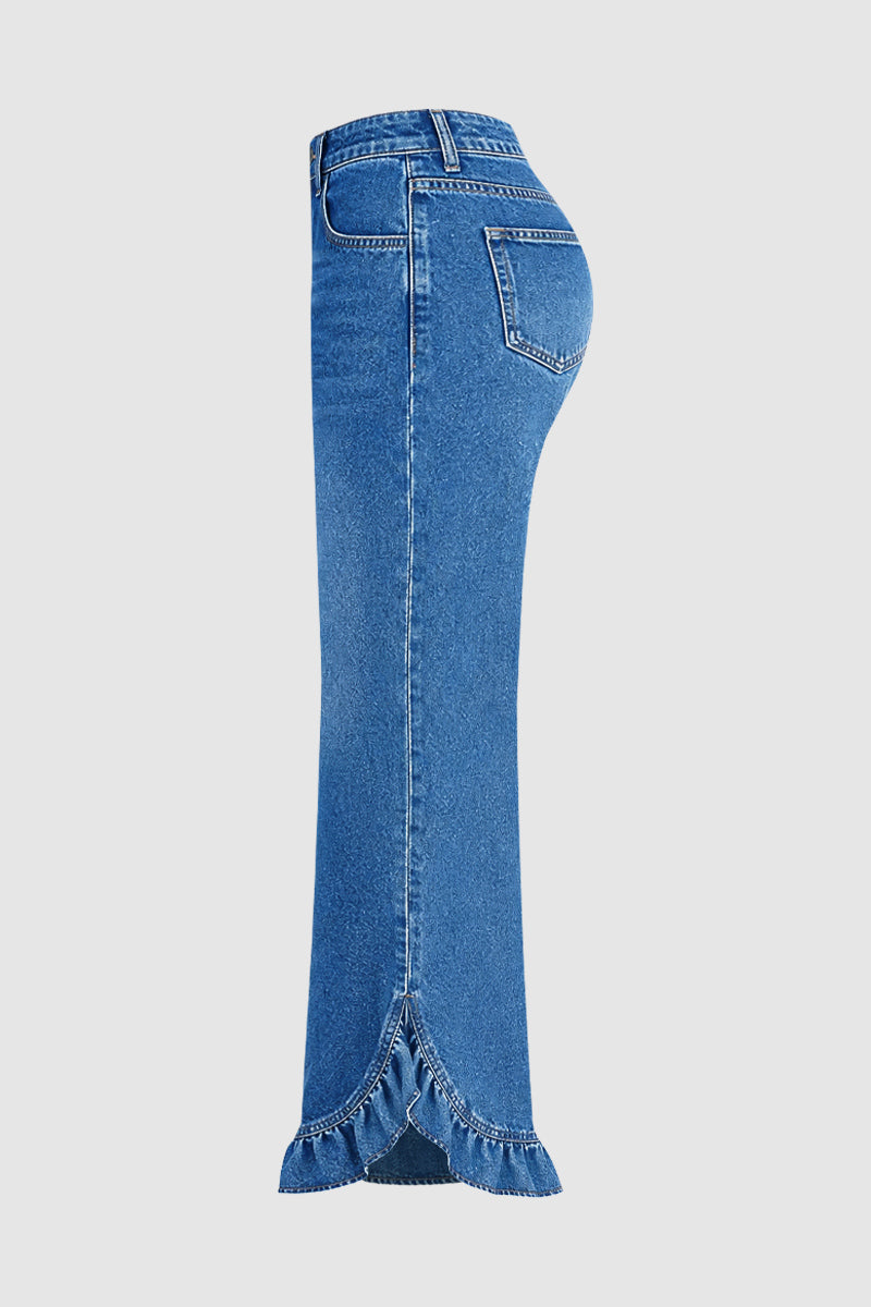 Wash Ruffle Hem Split Mid Waist Wide Leg Jeans