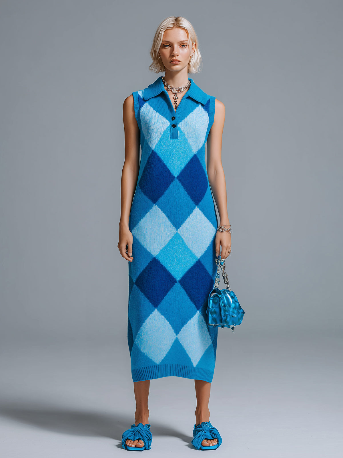 Chic Elegant Blue Colorblock Argyle Pattern Lapel V-Neck Sleeveless Loose-Fit Ribbed Knit Maxi Dress