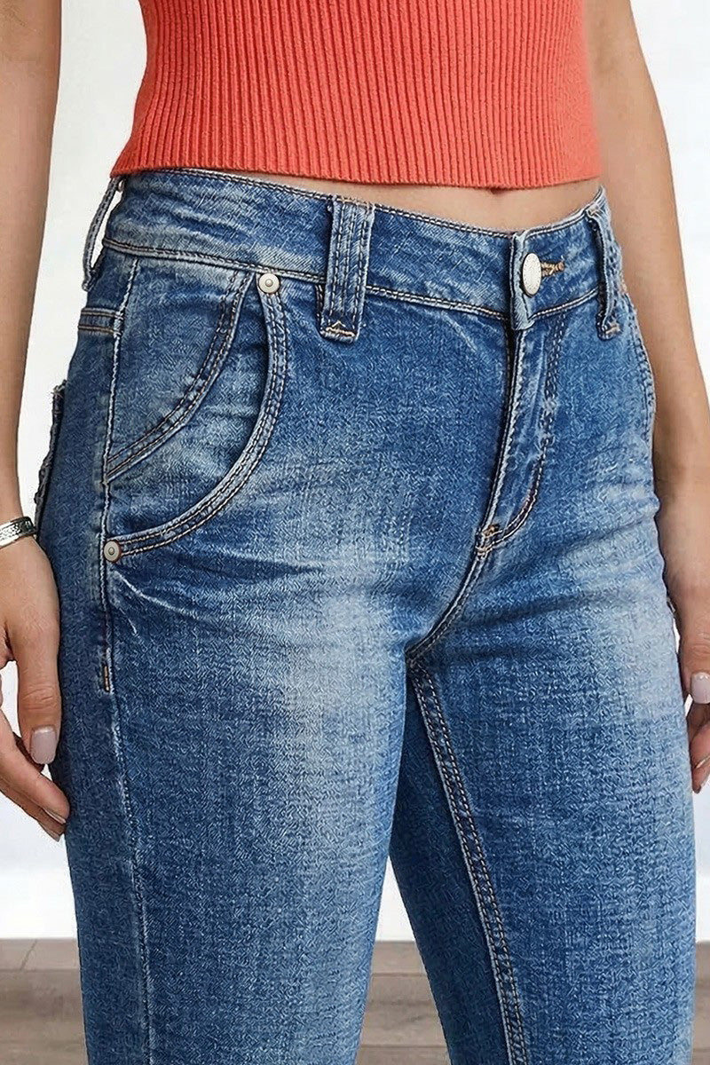 Button Tab Roll Hem Mid Waist Skinny Capri Jeans
