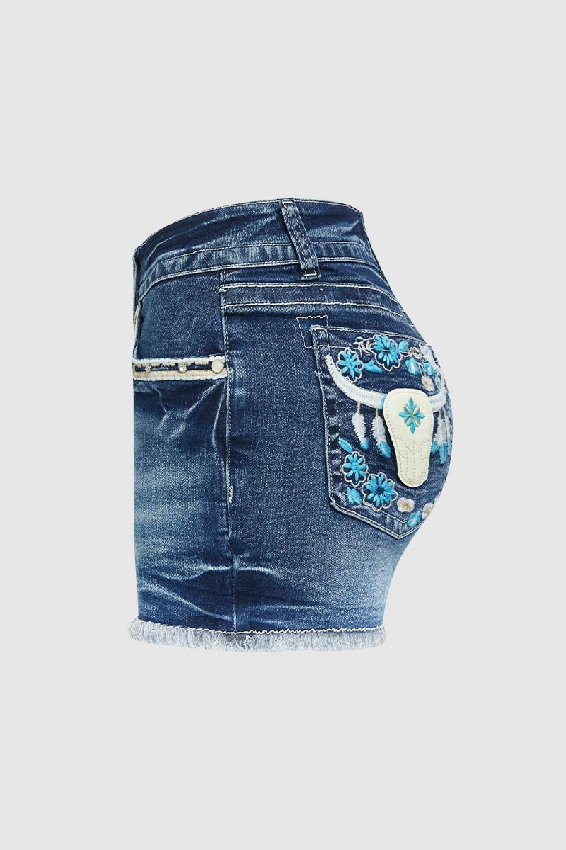 Bull & Floral Embroidered Raw Hem Mid Rise Denim Shorts