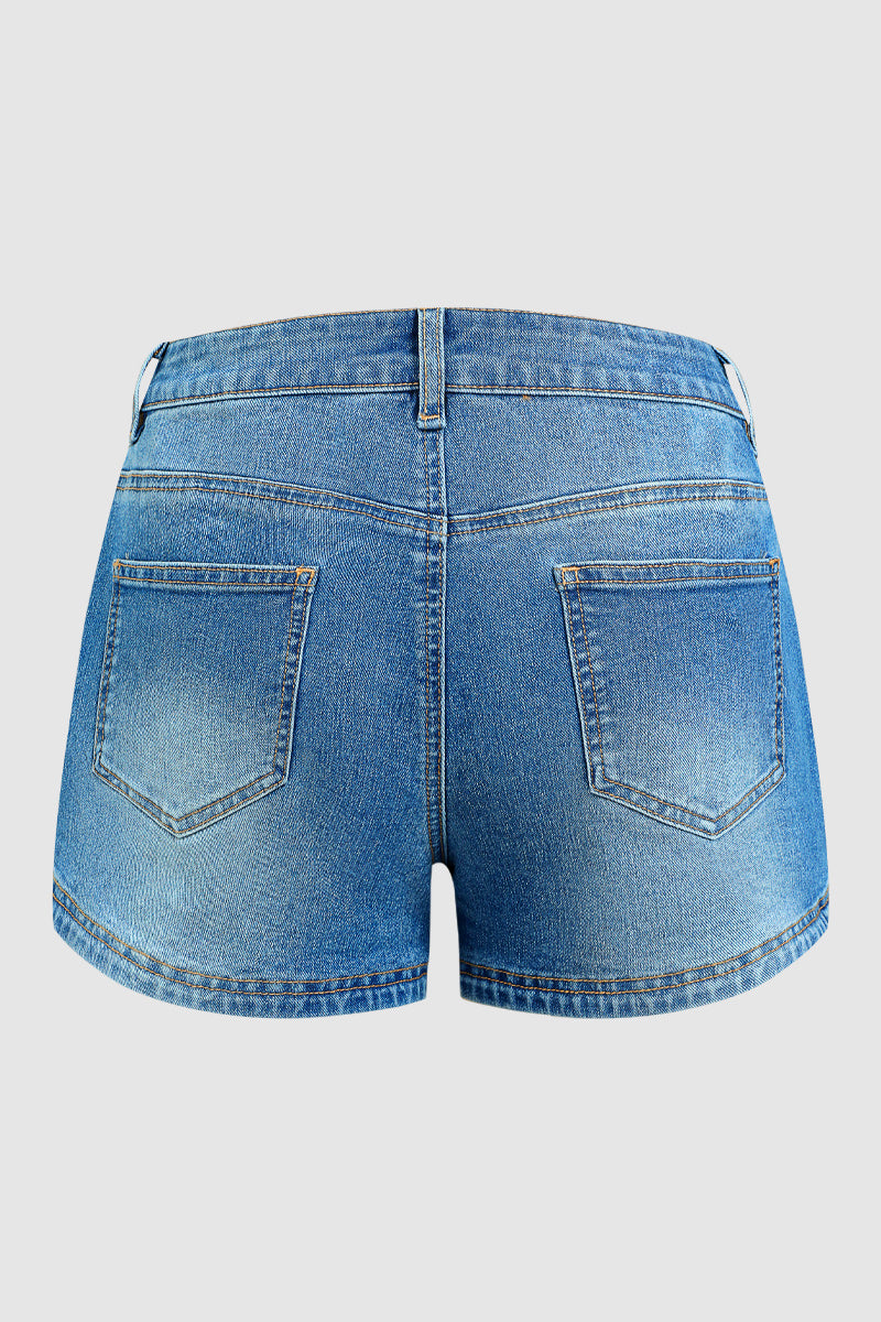 Wash Patch Pocket Split Side Mid Rise Denim Shorts
