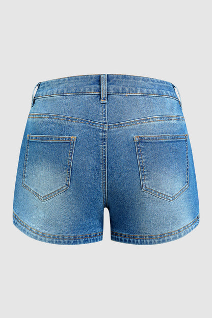 Wash Patch Pocket Split Side Mid Rise Denim Shorts