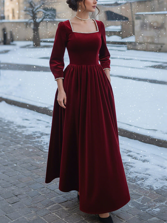 Robe longue en coton, demi-manches, col carré, unie, poches, vintage, rouge