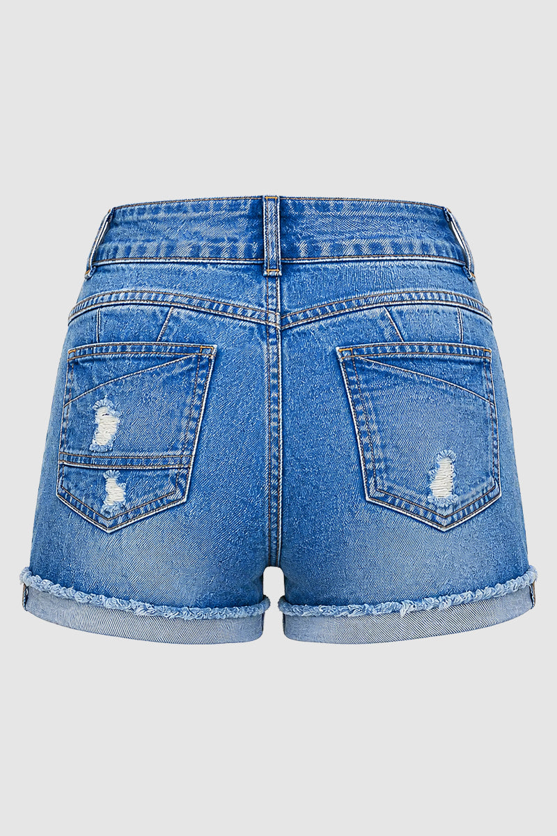 Wash Ripped Roll Hem Dual Button High Rise Denim Shorts