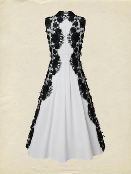 Robe midi en coton, sans manches, col montant, unie, dentelle, vintage français, blanche