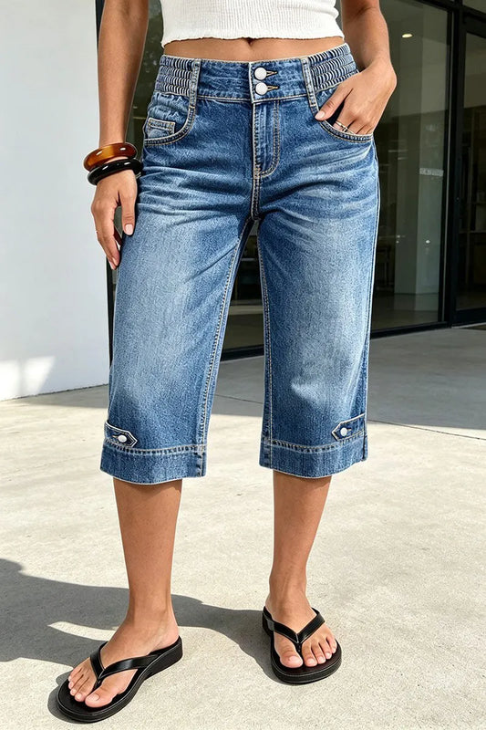 Wash Button Tab Elastic Mid Rise Straight Leg Capri Jeans