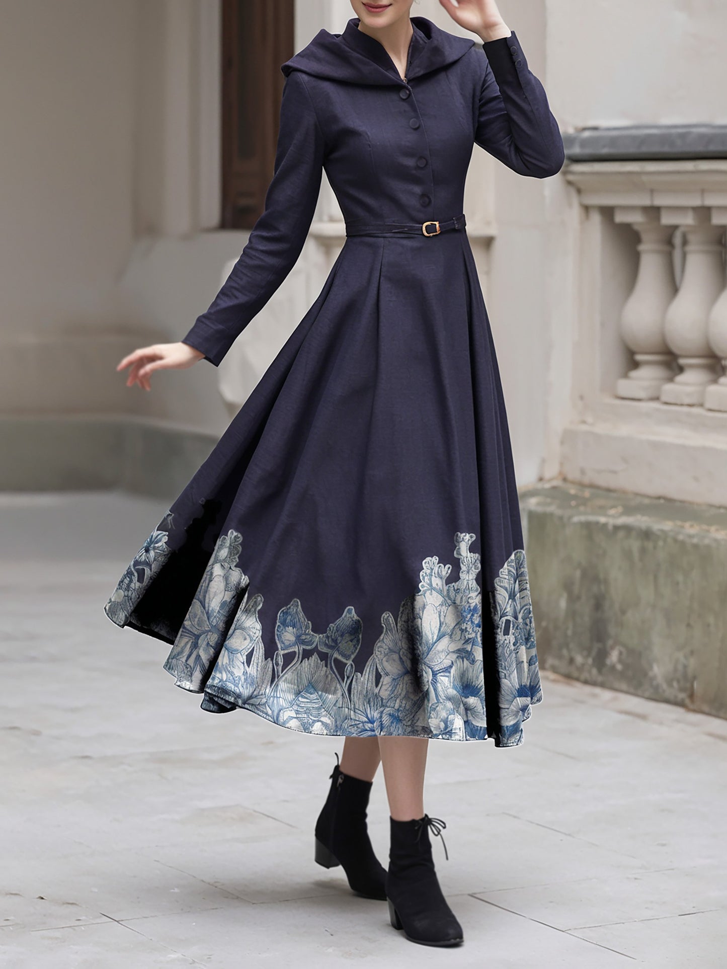 Robe midi en coton, manches longues, col montant, motif floral, boutonnée, style vintage, violet foncé