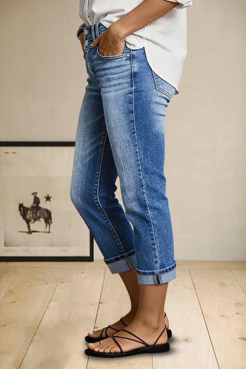 Roll Hem Dual Button High Waist Straight Leg Capri Jeans