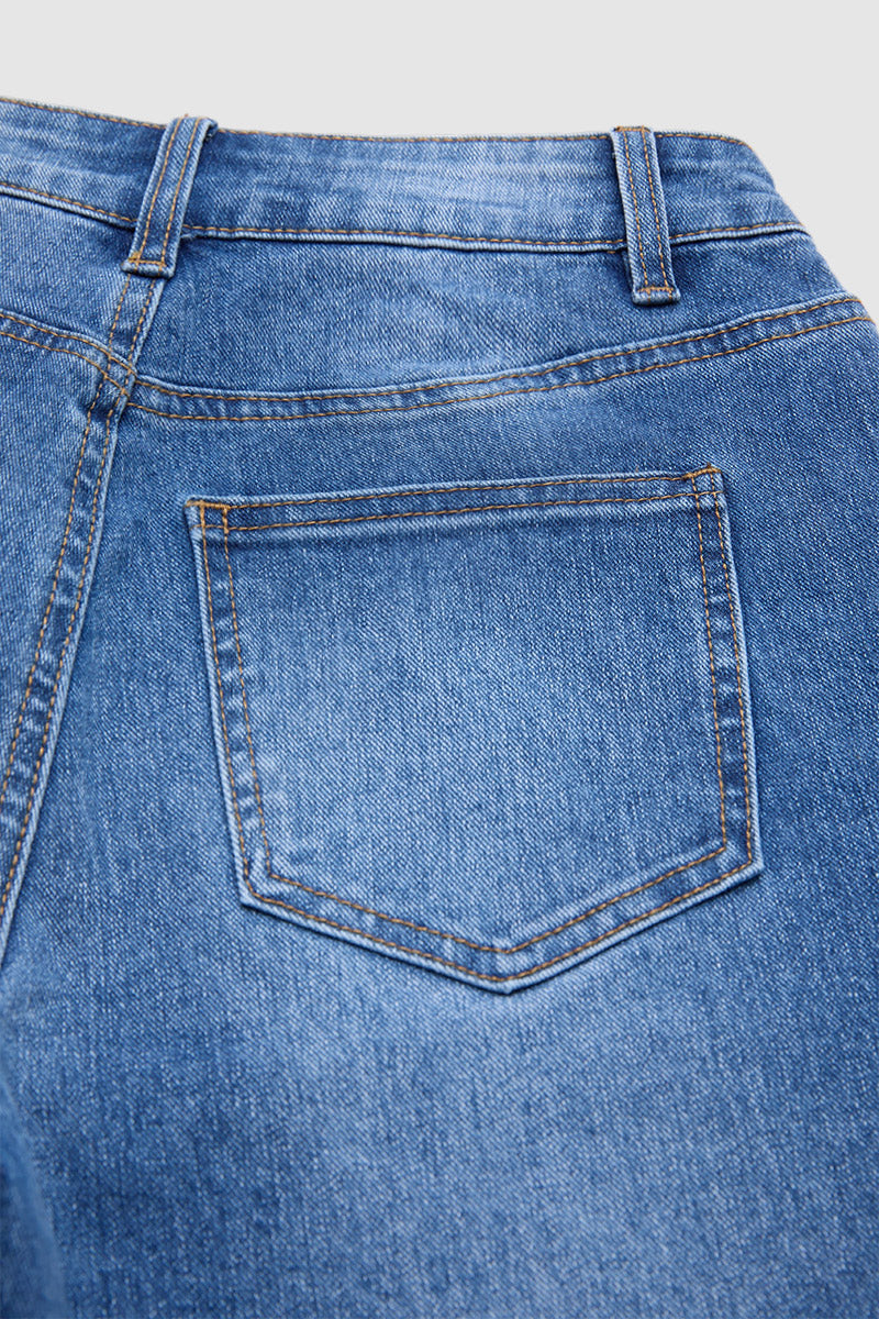 Wash Ruffle Hem Patch Pocket Mid Waist Straight Leg Jeans Without Belt