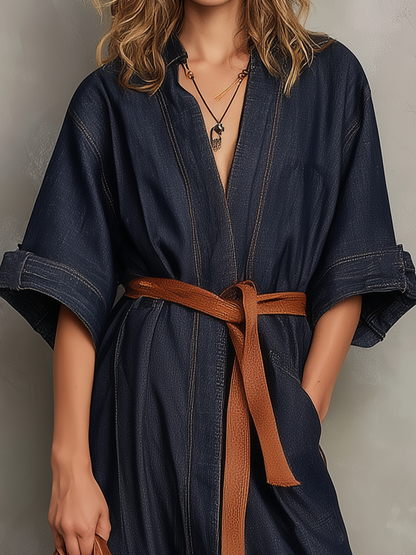 Robe longue en jean à col en V poli et à nouer à la taille