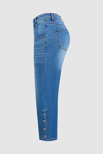 Wash Button Detail High Waist Straight Leg Cropped Jeans