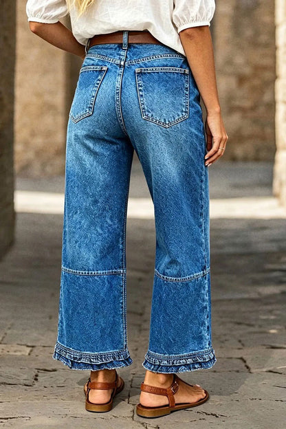 Wash Stitch Detail Ruffle Hem High Rise Wide Leg Crop Jeans Without Belt