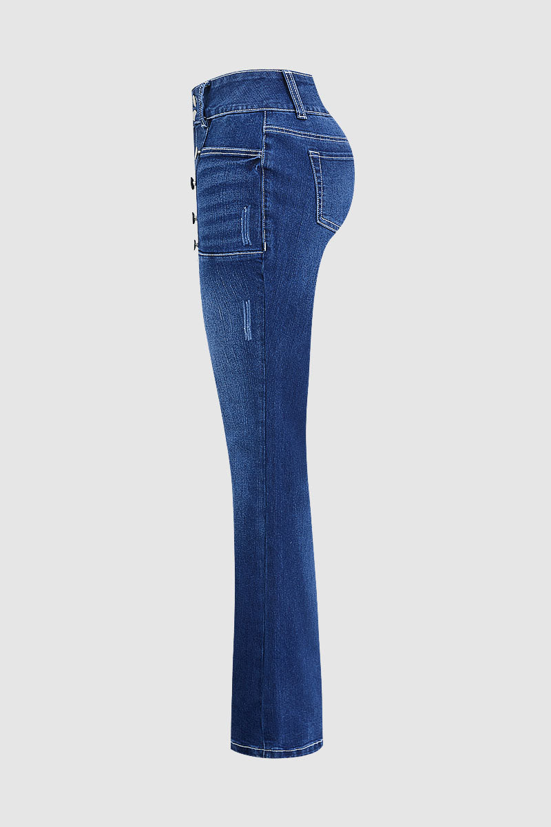 Wash Sailor Button Patch Pocket Mid Rise Bootcut Jeans