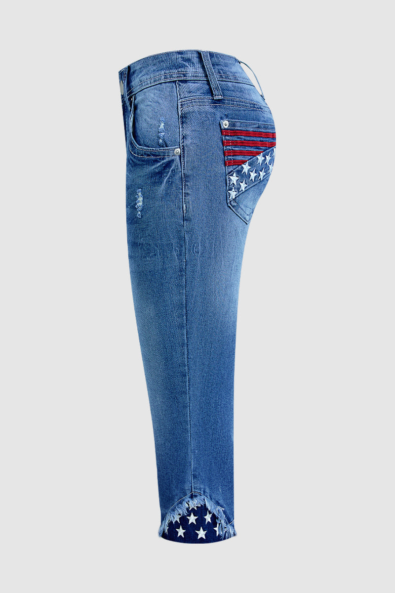 Stripe & Star Embroidery Raw Hem Mid Waist Skinny Capri Jeans