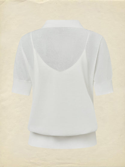 Pull, manches courtes, col châle, floral, boutons décoratifs, gilet intérieur non inclus, blanc
