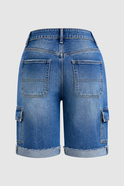 Wash Raw Hem Flap Pocket Mid Waist Denim Bermuda Shorts Without Belt