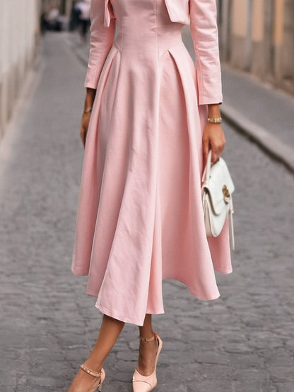 Ensemble en coton midi, manches longues, col rond, uni, vintage, rose clair