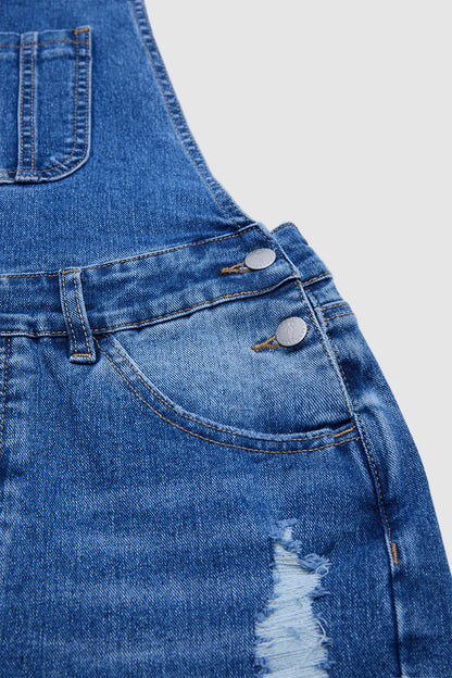 Wash Ripped Raw Hem Patch Pocket Denim Shortalls