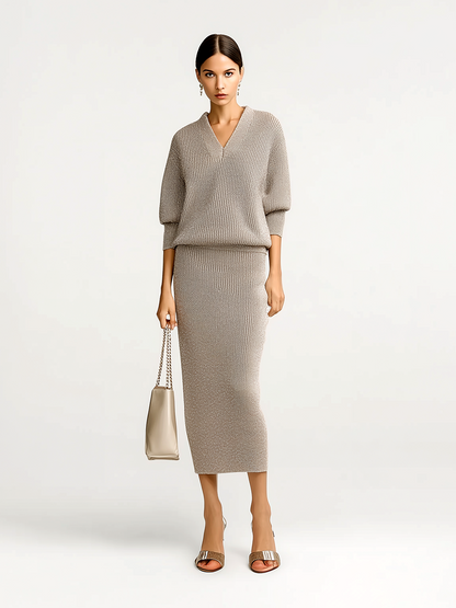 Fashion Casual Gray V-neck Long-sleeved Top And Bodycon Skirt Ribbed Knit Two-piece Set