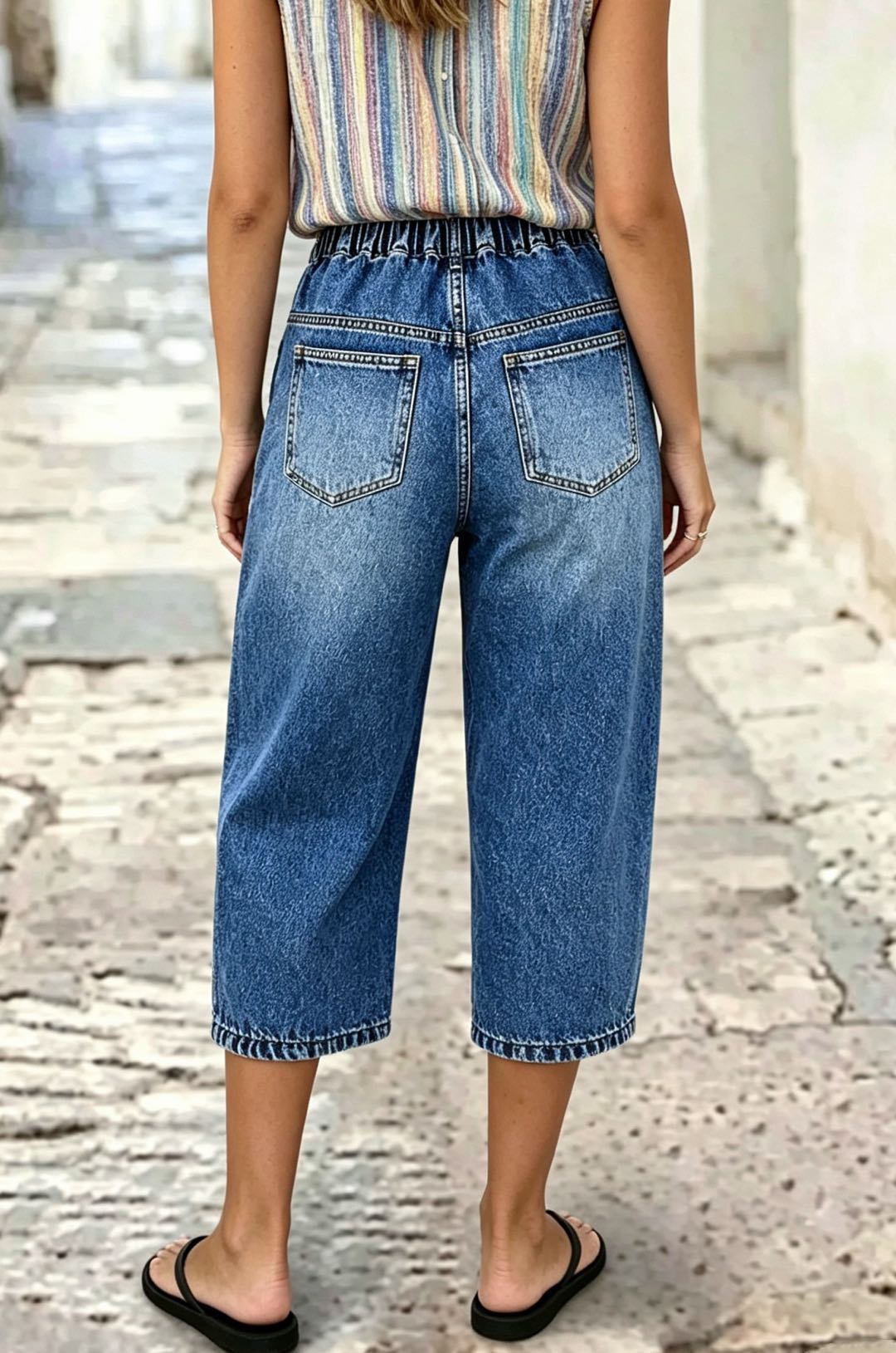 Pleated Drawstring High Waist Barrel Leg Capri Jeans