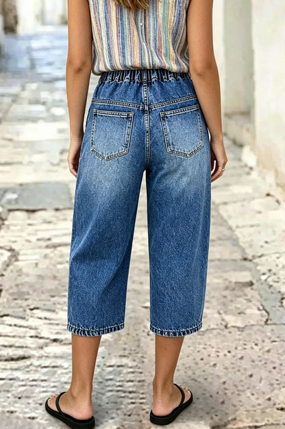 Pleated Drawstring High Waist Barrel Leg Capri Jeans