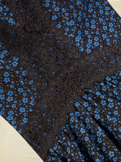 Robe longue en coton, sans manches, col en V, motifs floraux, dentelle, vintage, bleue