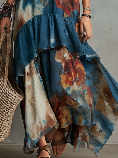 Robe longue asymétrique à volants, tie-dye bohème et dos nu