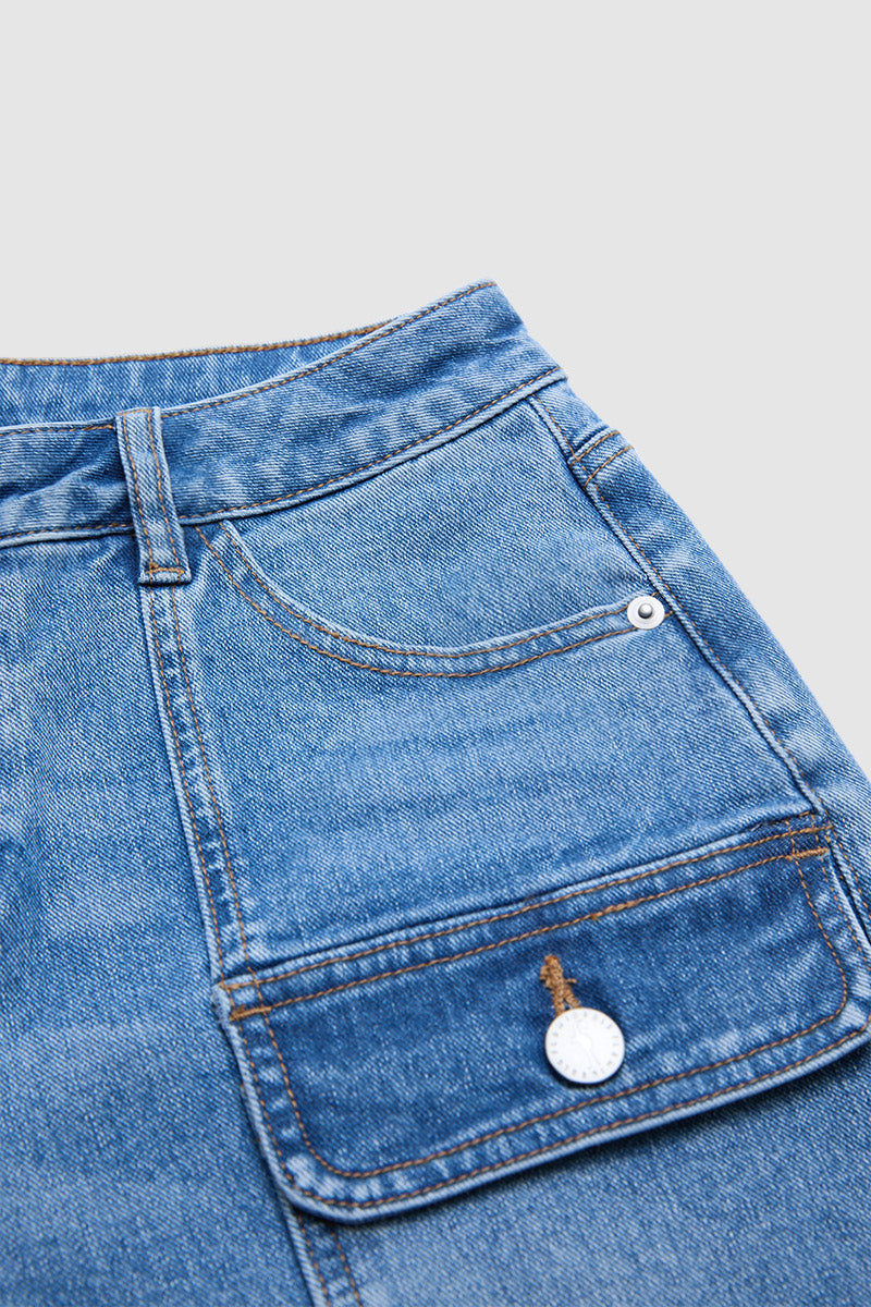 Wash Flap Pocket Stitch Detail Mid Waist Straight Leg Cropped Jeans Without Belt