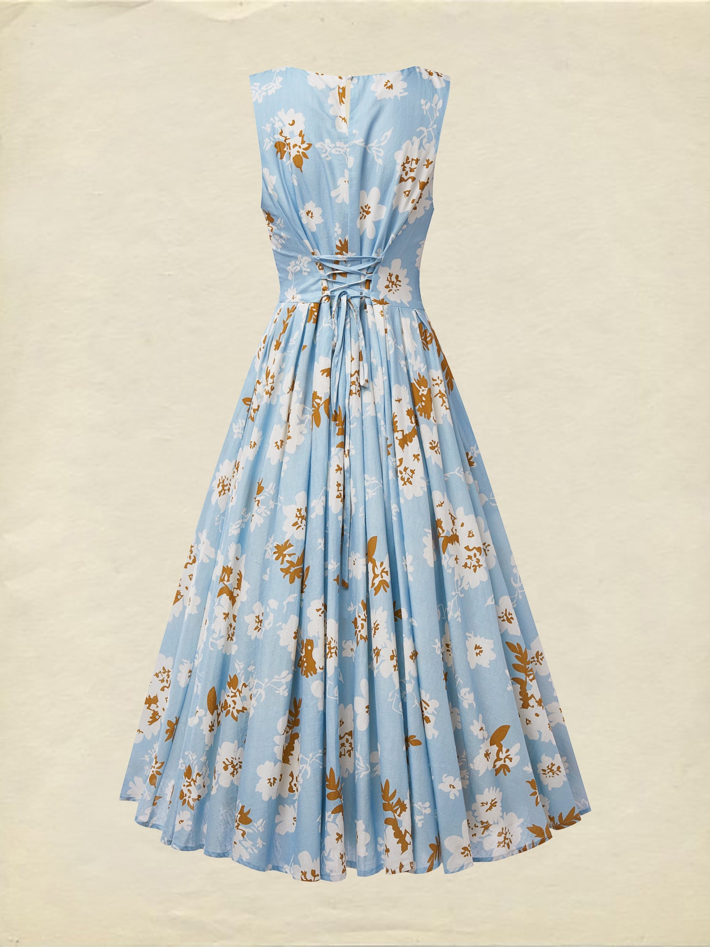 (TAILLE:TP-TTG) Robe Midi en Lin, Sans Manches, Col Rond, Fleuri, Poches, Vintage, Bleu