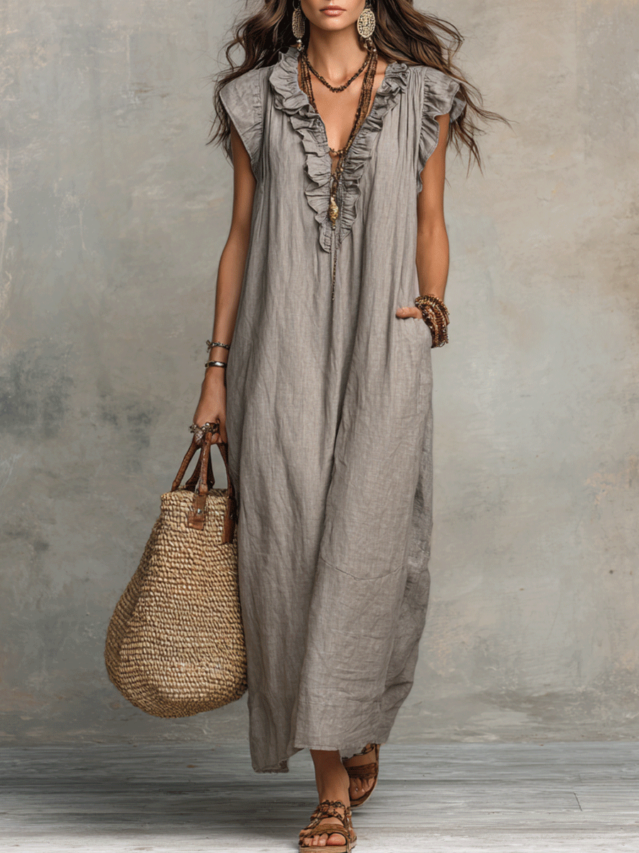 Robe longue bohème sans manches à volants et col en V fluide