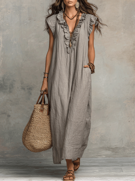 Robe longue bohème sans manches à volants et col en V fluide