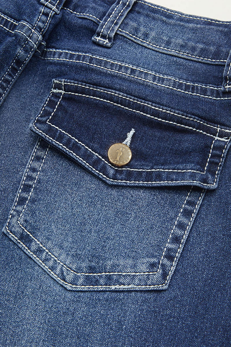 Wash Mid Waist Buttoned Hem Bootcut Jeans Without Belt